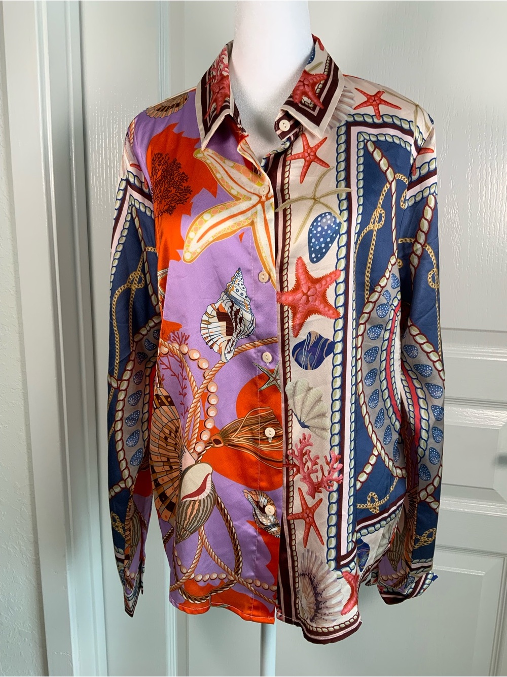 Her Bottari Silk-Inspired Multicolor Printed Button-Front Blouse